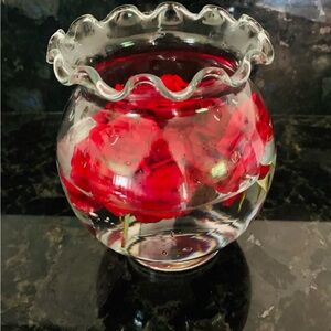 Vintage Indiana Clear Round Vase with Ruffled Top ,   4" Wide x  5.5" Tall